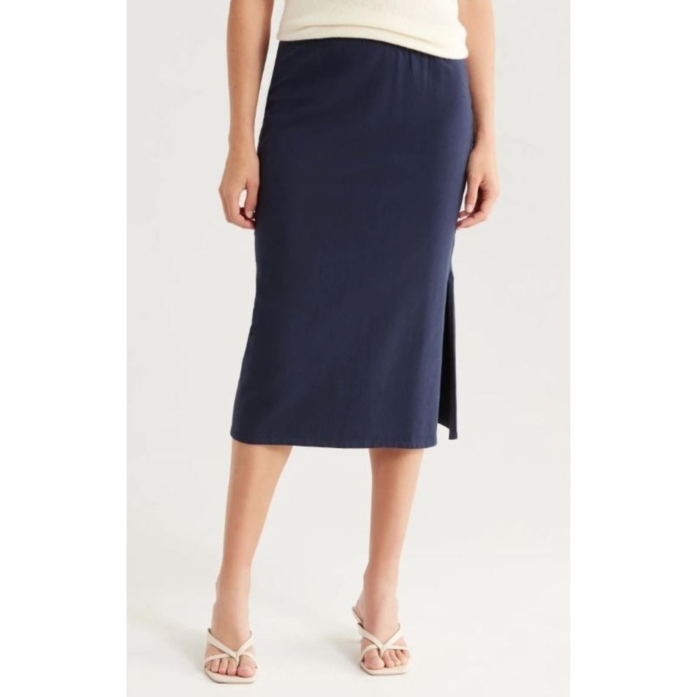 Caslon Women's‎ Cotton Blend Elastic Drawstring Waist Slit Skirt Navy Peacoat LG